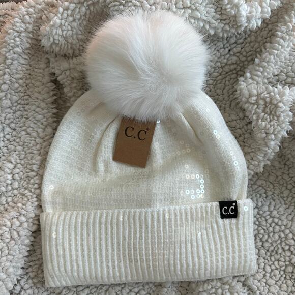 C.C Women’s White Sequin Pom Pom Knit Beanie & Silver Cubic Zirconia Earrings - Picture 9 of 16